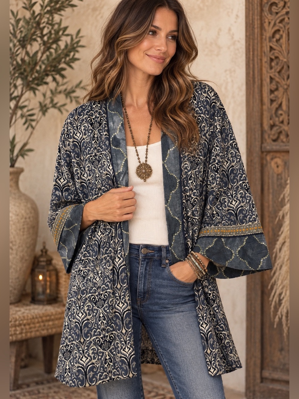 Soft Surroundings XL Boho Damask Kimono Jacket Bell Sleeve Topper Blue Gray